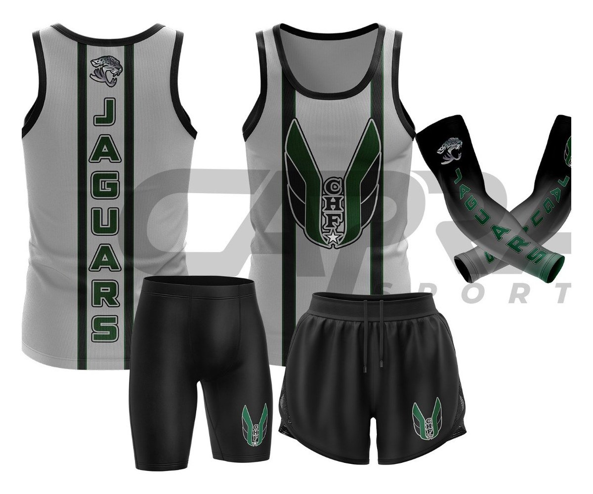 Jaguar T&F Home Uniform - Jaguars Gray, green and black Jaguars home compression uniform with arm sleeves