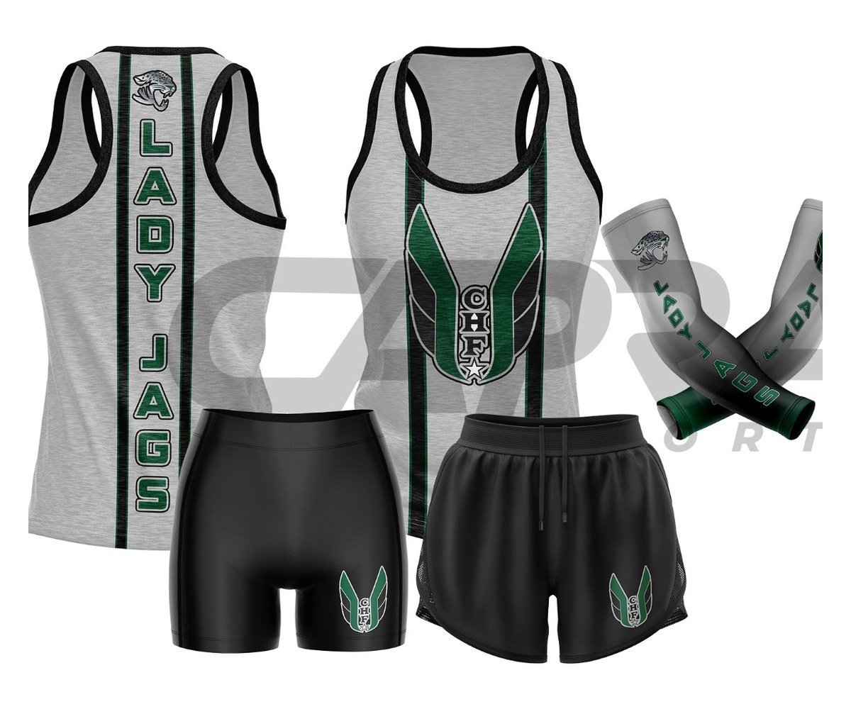 Jaguar T&F Home Uniform - Lady Jags Gray, green and black Lady Jags home compression uniform with arm sleeves