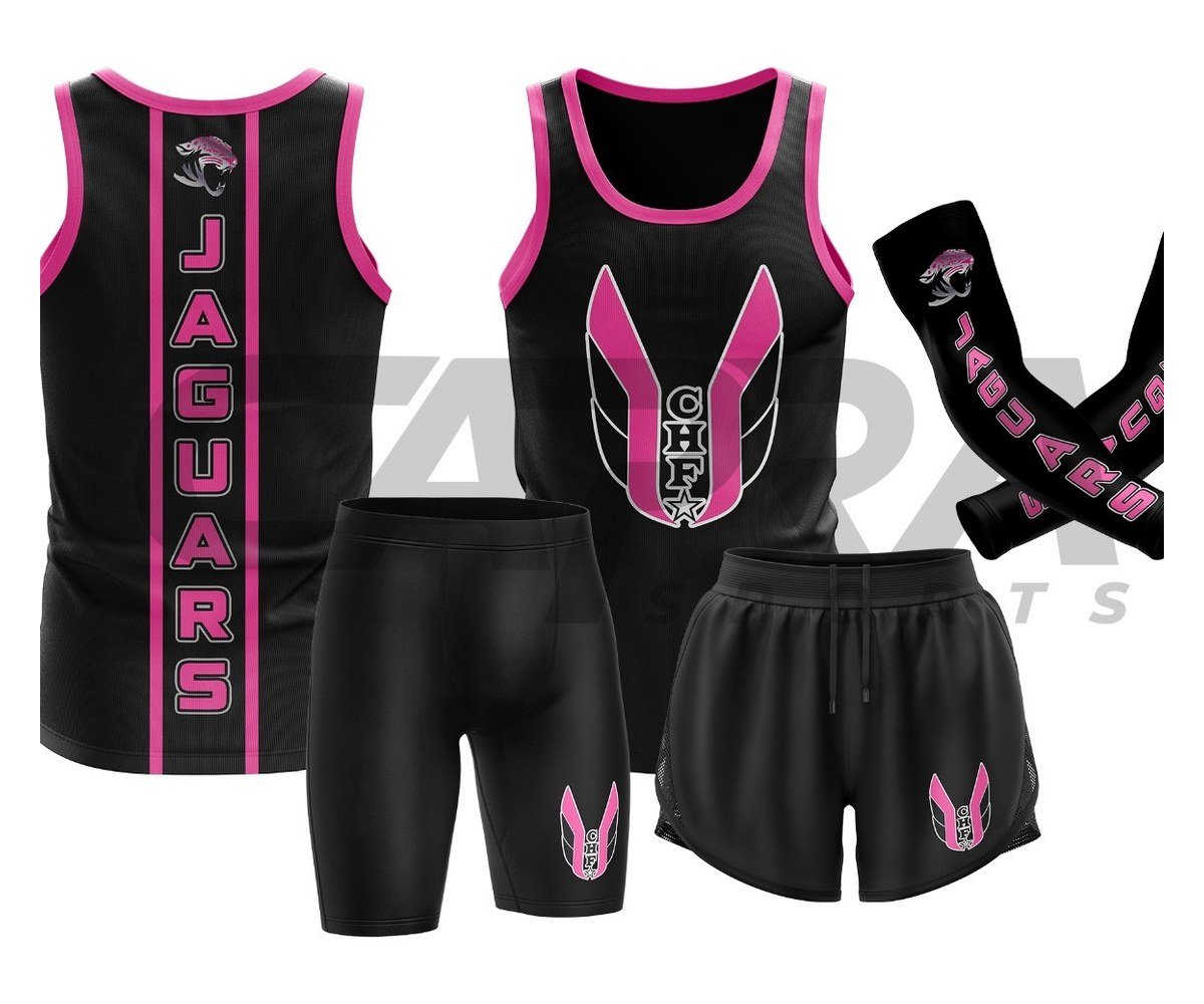 Jaguar T&F Travel Uniform - Jaguars Black and pink Jaguars travel compression uniform with arm sleeves