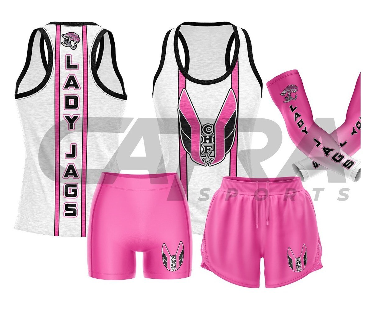 Jaguar T&F Travel Uniform - Lady Jags White and pink Lady Jags travel compression uniform with arm sleeves