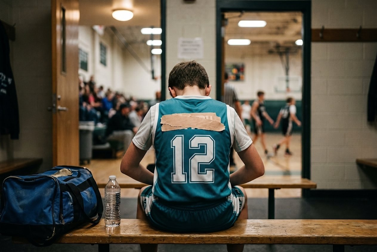 Youth player on the bench with a misspelled name taped over on the back of his jersey