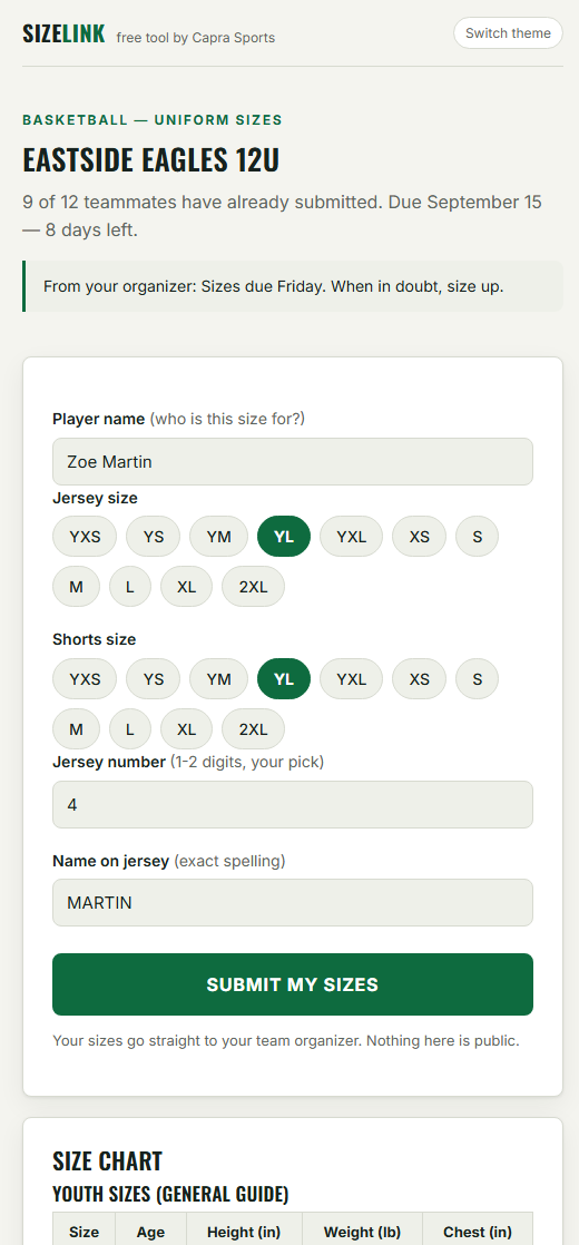 SizeLink player size form on a phone: name, jersey and shorts sizes, jersey number, and name on jersey