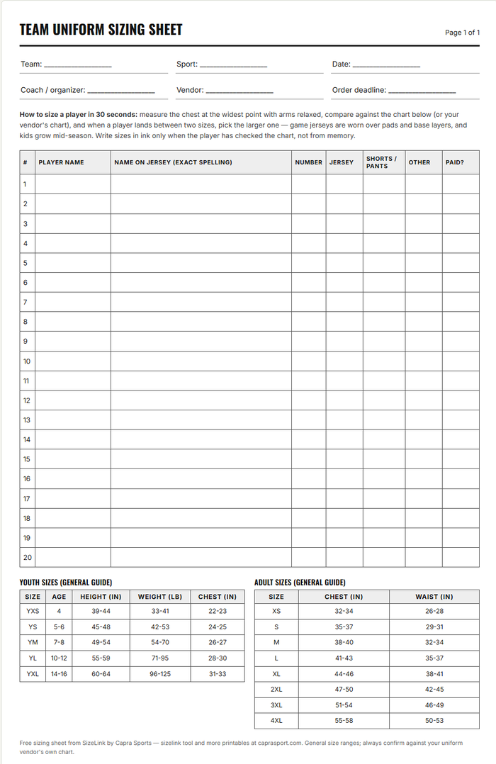 Printable team uniform sizing sheet template: 20-player roster grid with jersey numbers and sizes, plus youth and adult size charts
