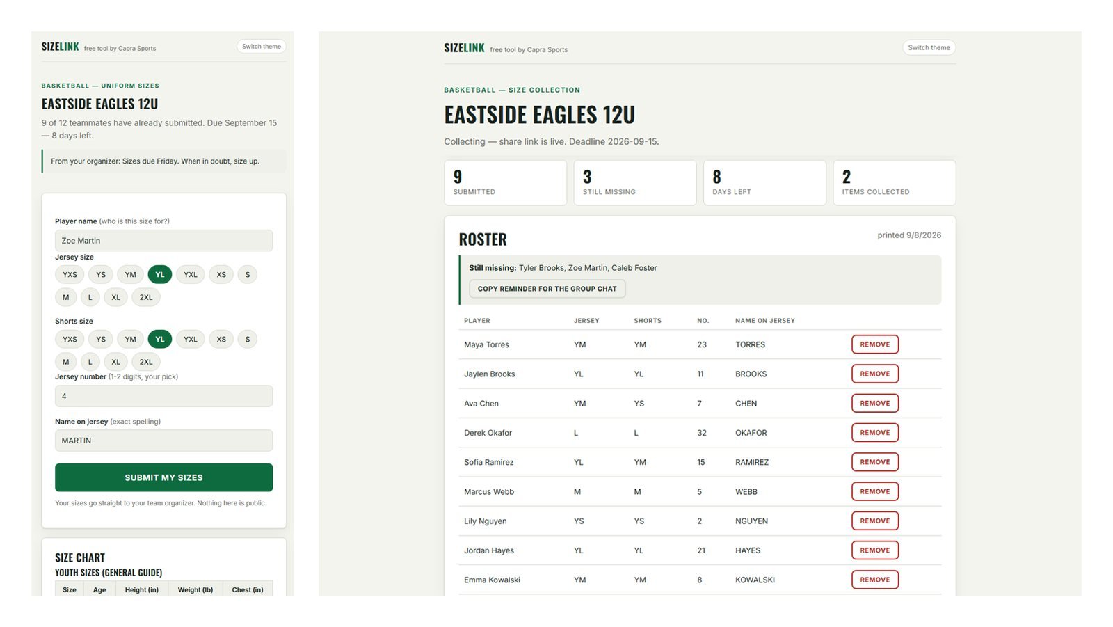 The player's size form on the left and the coach's live roster dashboard on the right
