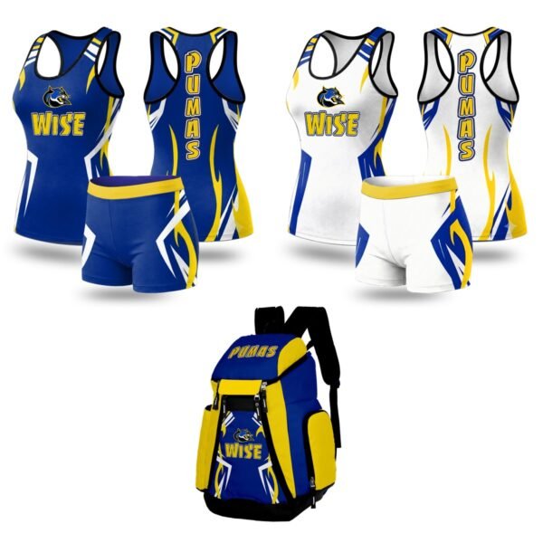 Wise Pumas package deal: royal blue compression set, white compression set, and team backpack
