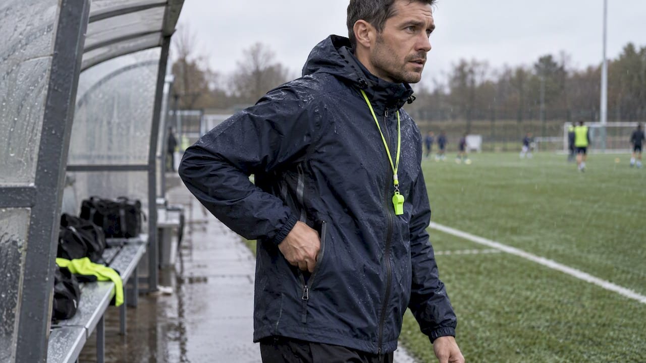 Coach checking weather shell pocket and seam