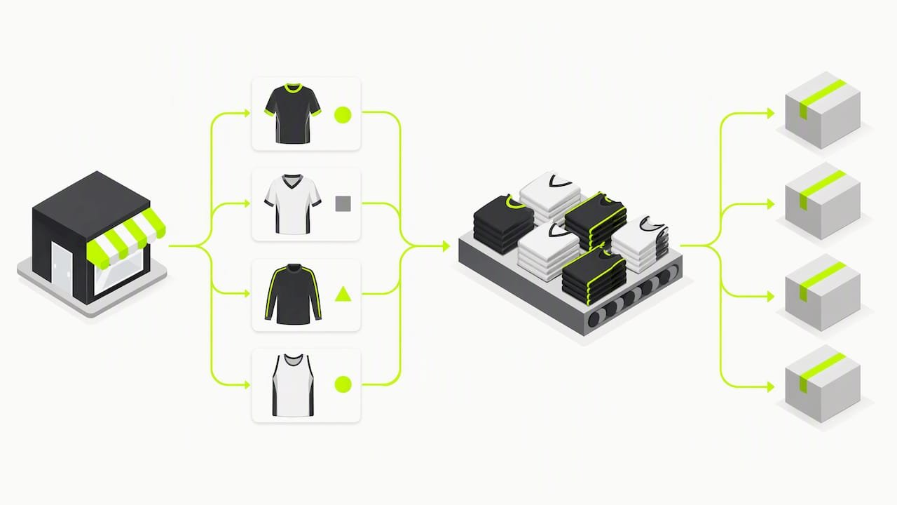 Individual team orders merging into production batch