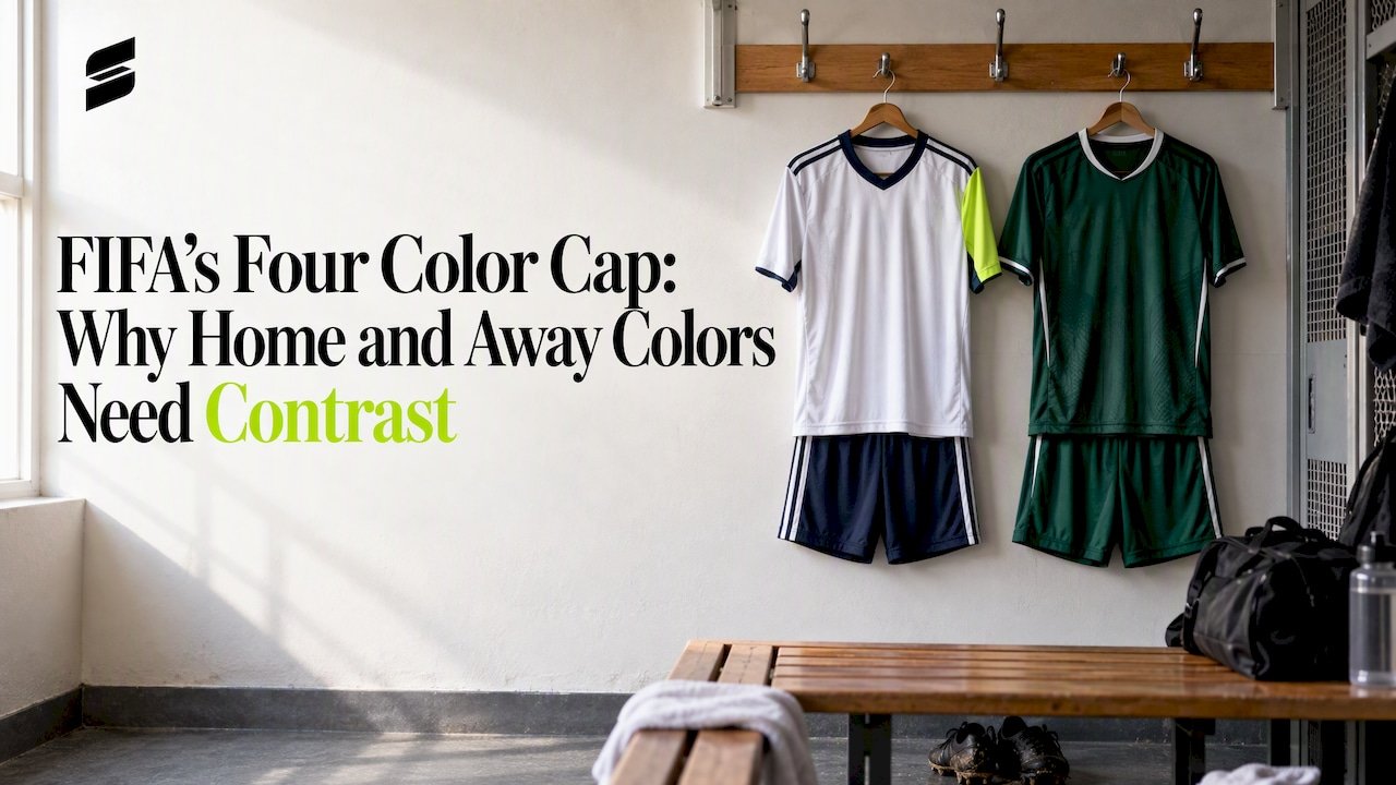 Distinct home and away soccer kits hanging side by side
