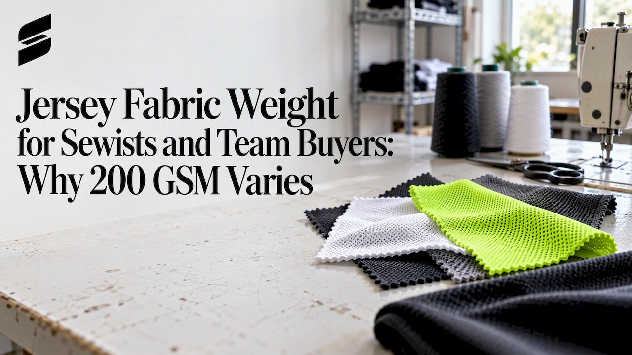 Jersey knit fabric swatches on cutting table
