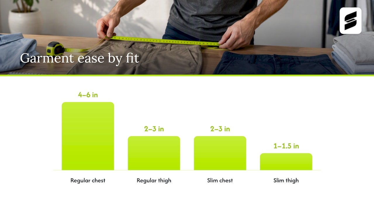 Chest and thigh ease ranges by fit