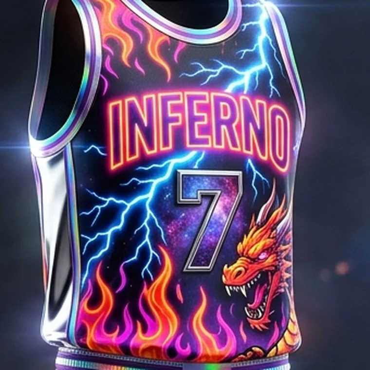 Close-up of an AI-generated basketball jersey with neon glow lettering, chrome panels and a 3D metal number that cannot be printed
