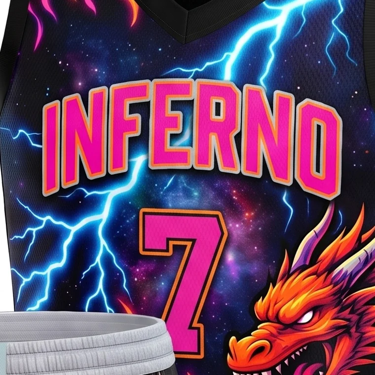 Close-up of the same design rebuilt as a real sublimated basketball jersey with clean printed lettering