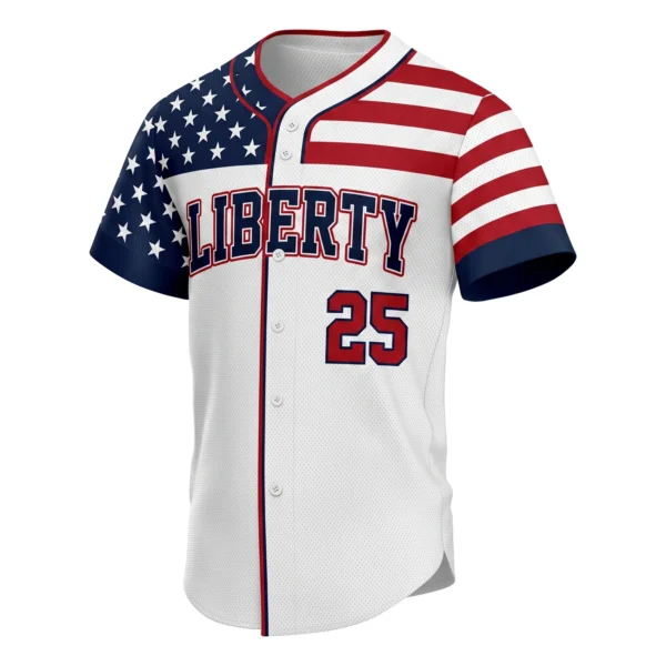 American Flag Baseball Jersey with Stars Yoke and Stripe Sleeves, custom full-button baseball jersey design by Capra Sports