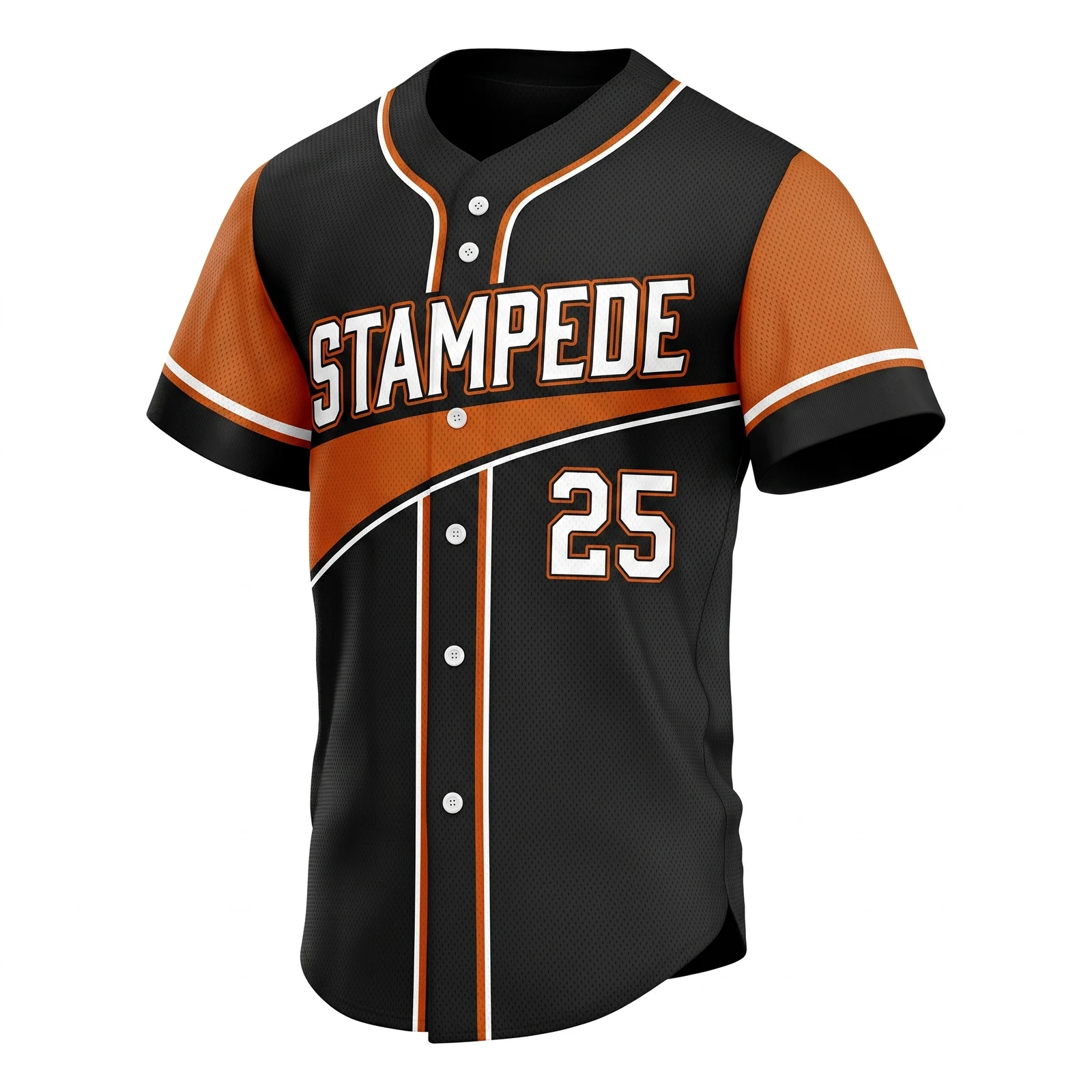 Black and Orange Baseball Jersey with Diagonal Chest Sweep, custom full-button baseball jersey design by Capra Sports