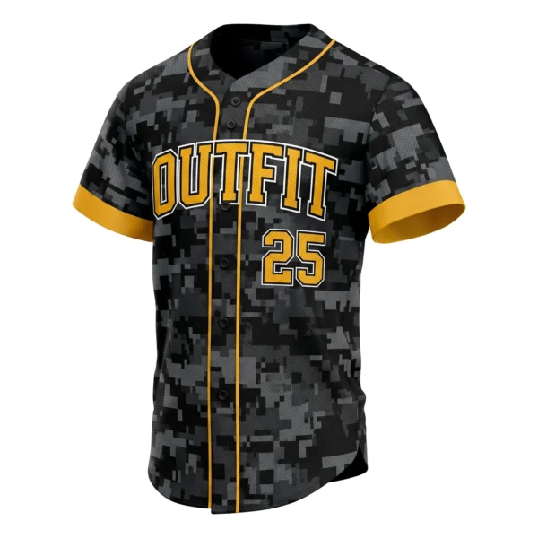 Black Blackout Camo Baseball Jersey with Gold Trim, custom full-button baseball jersey design by Capra Sports