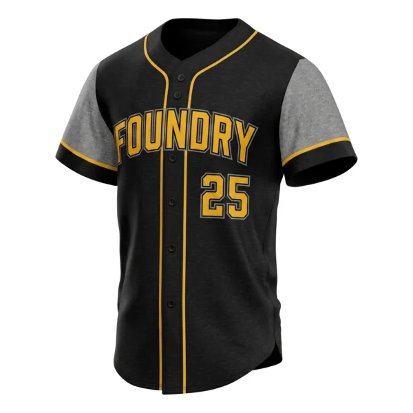 Black and Gold Flannel Look Baseball Jersey, custom full-button baseball jersey design by Capra Sports