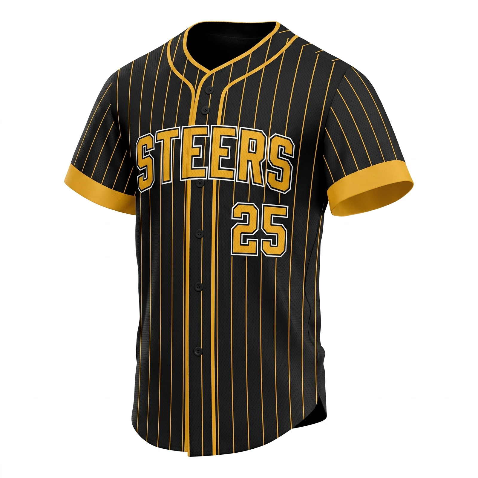 Black Pinstripe Baseball Jersey with Gold Trim, custom full-button baseball jersey design by Capra Sports