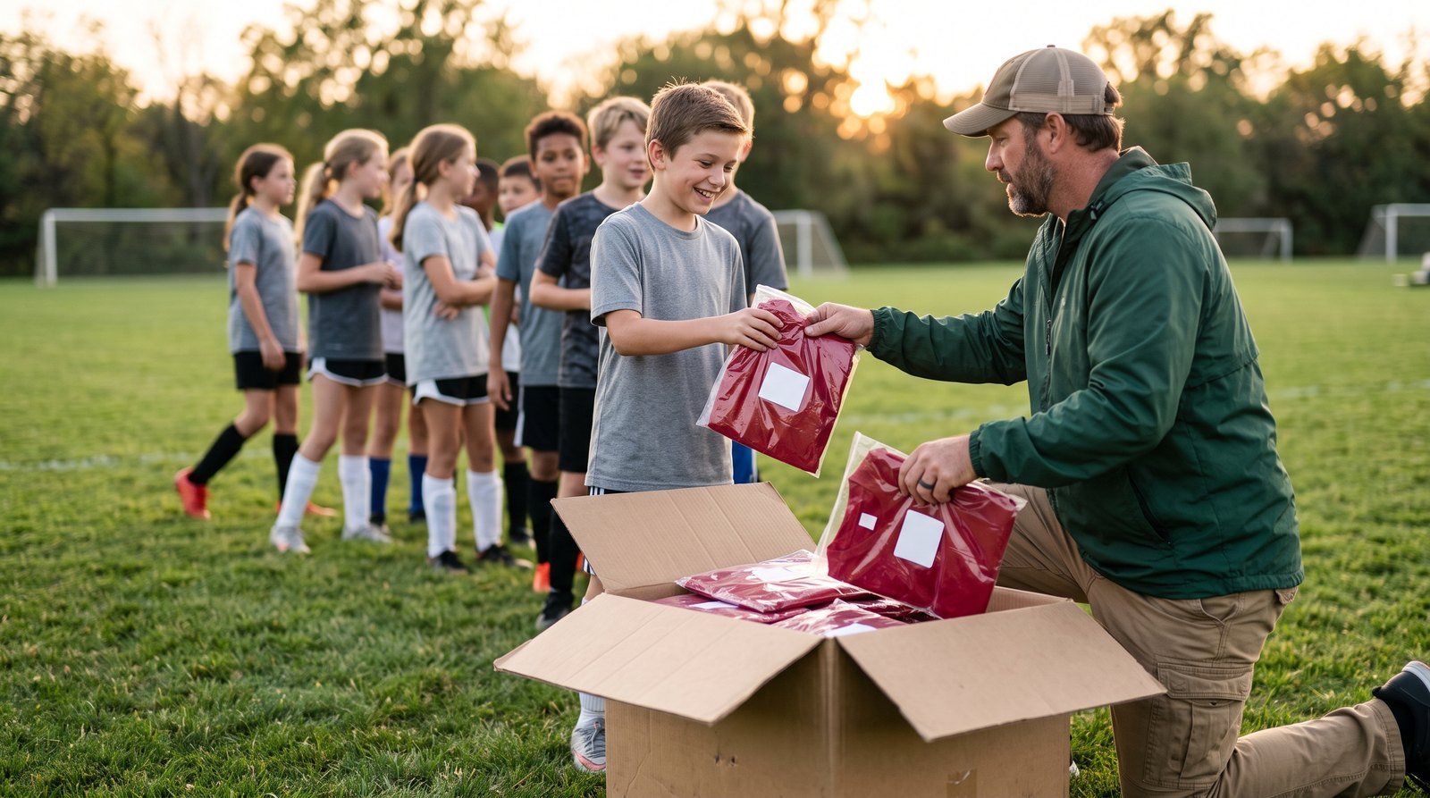 A coach handing out the team store delivery at practice, one box for the whole team