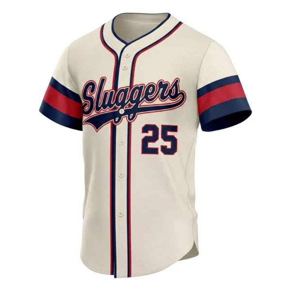 Cream Classic Script Baseball Jersey with Navy and Red Sleeves, custom full-button baseball jersey design by Capra Sports