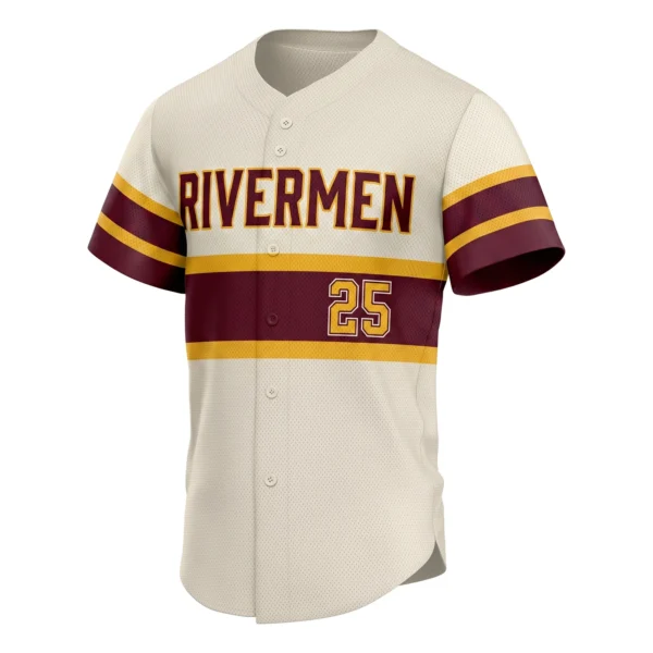 Cream Throwback Baseball Jersey with Maroon and Gold Chest Bands, custom full-button baseball jersey design by Capra Sports