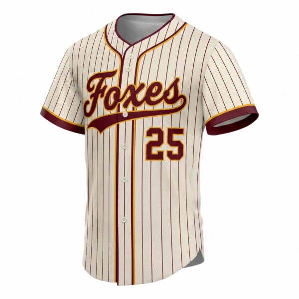 Cream and Maroon Pinstripe Baseball Jersey, custom full-button baseball jersey design by Capra Sports