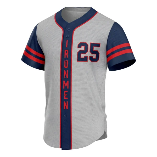 Grey Road Baseball Jersey with Navy Placket and Vertical Name, custom full-button baseball jersey design by Capra Sports