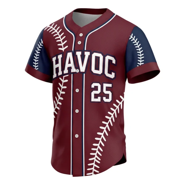 Maroon Baseball Jersey with Baseball Seam Graphic, custom full-button baseball jersey design by Capra Sports
