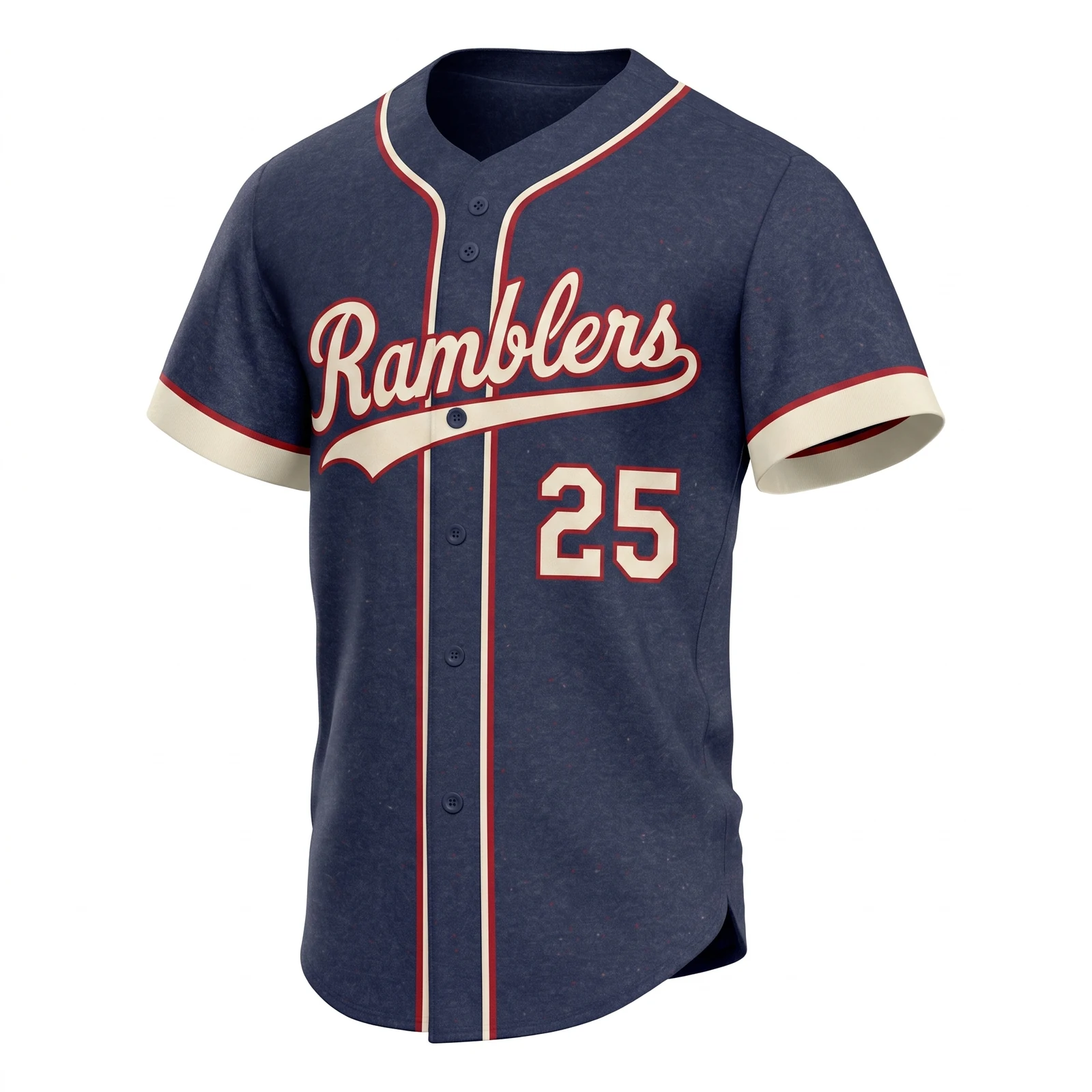 Navy Flannel Look Baseball Jersey with Cream Script, custom full-button baseball jersey design by Capra Sports
