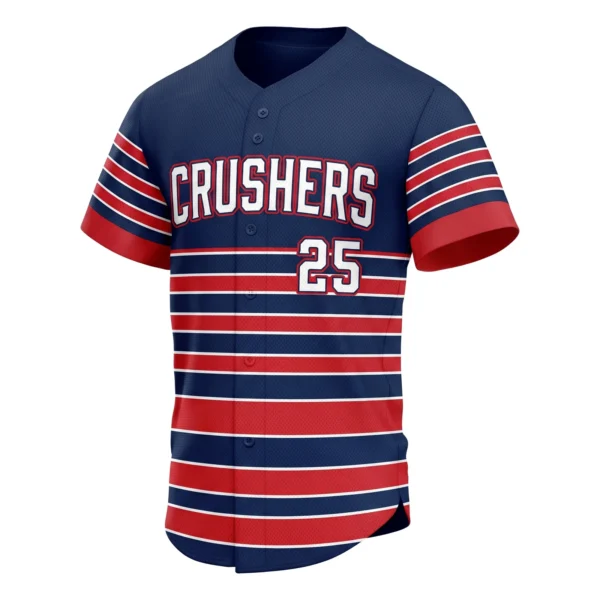 Navy Striped Baseball Jersey with Red and White Stripes, custom full-button baseball jersey design by Capra Sports
