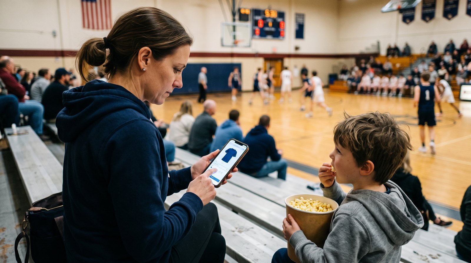 A parent ordering from the team store on her phone from the bleachers during a game