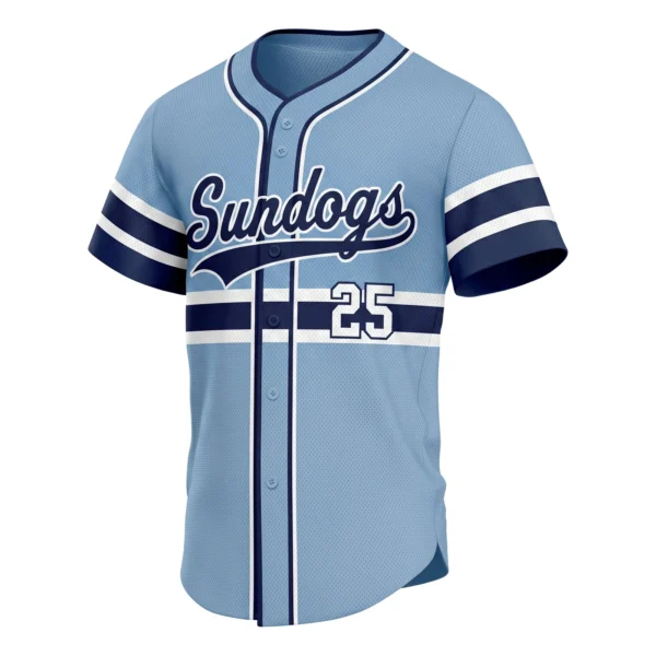 Powder Blue Retro Baseball Jersey with Navy Bands, custom full-button baseball jersey design by Capra Sports