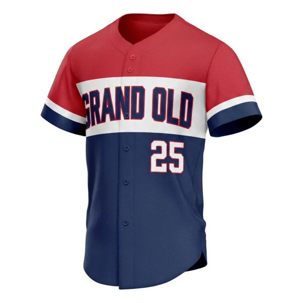Red White and Blue Color Block Baseball Jersey, custom full-button baseball jersey design by Capra Sports