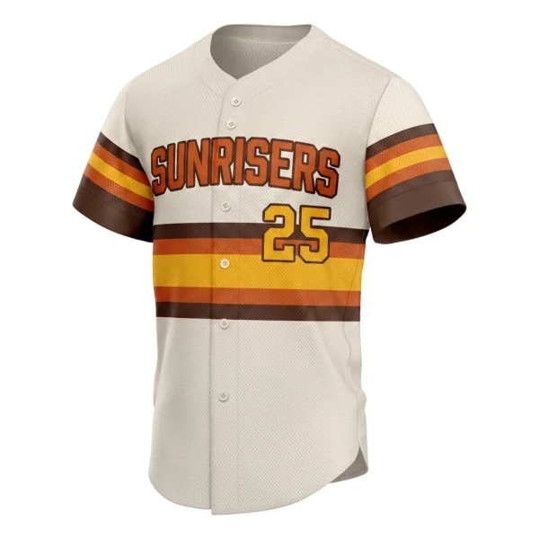 Retro Rainbow Stripe Baseball Jersey in Cream, custom full-button baseball jersey design by Capra Sports