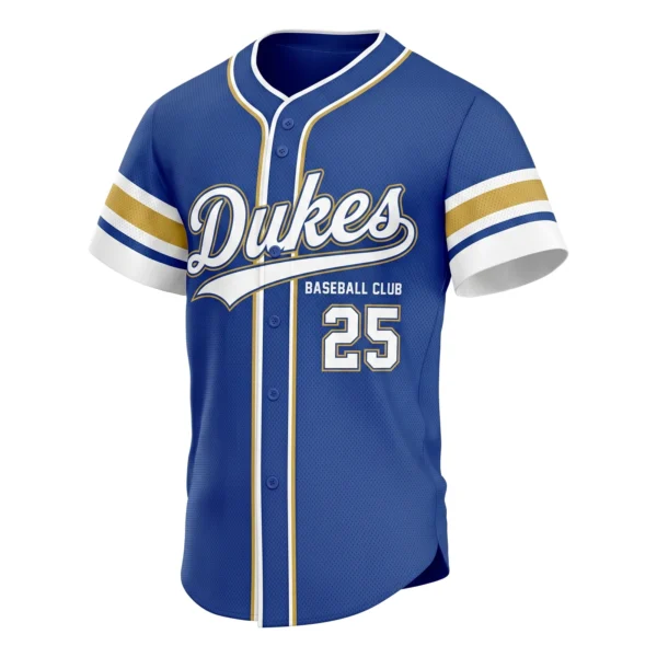 Royal Blue Baseball Jersey with Script and Gold Trim, custom full-button baseball jersey design by Capra Sports
