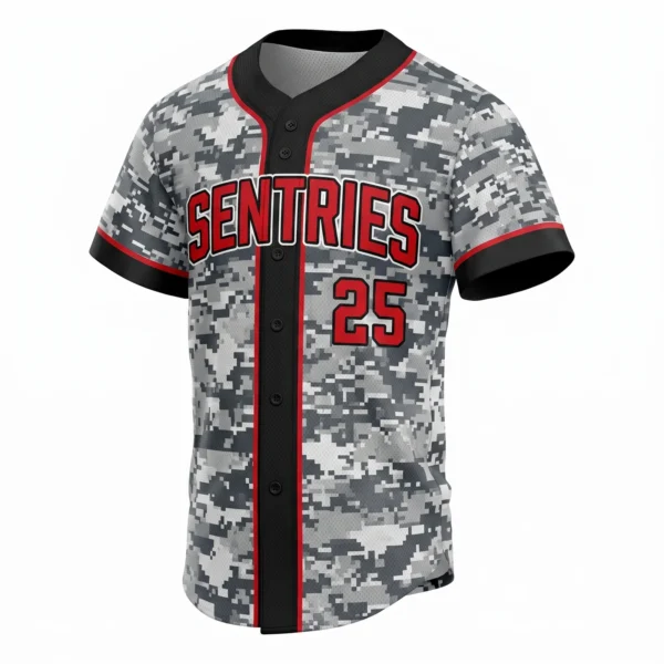 Urban Grey Digital Camo Baseball Jersey with Red Lettering, custom full-button baseball jersey design by Capra Sports