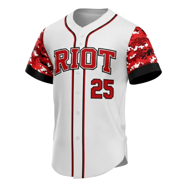 White Baseball Jersey with Red Camo Sleeves, custom full-button baseball jersey design by Capra Sports