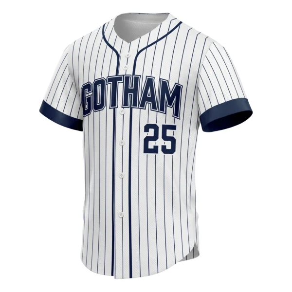 White and Navy Pinstripe Baseball Jersey, custom full-button baseball jersey design by Capra Sports