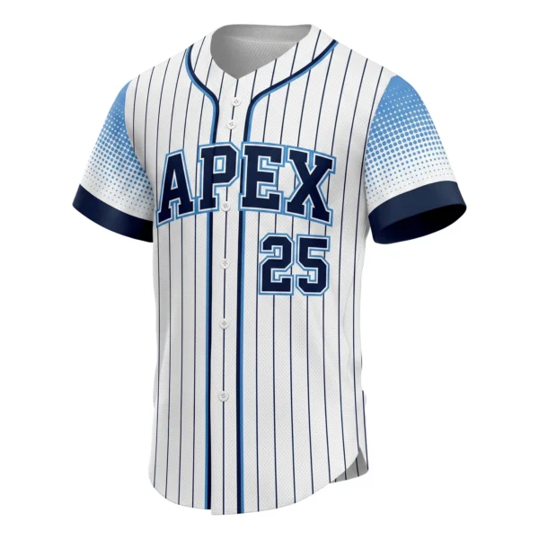 White Pinstripe Baseball Jersey with Blue Halftone Sleeves, custom full-button baseball jersey design by Capra Sports
