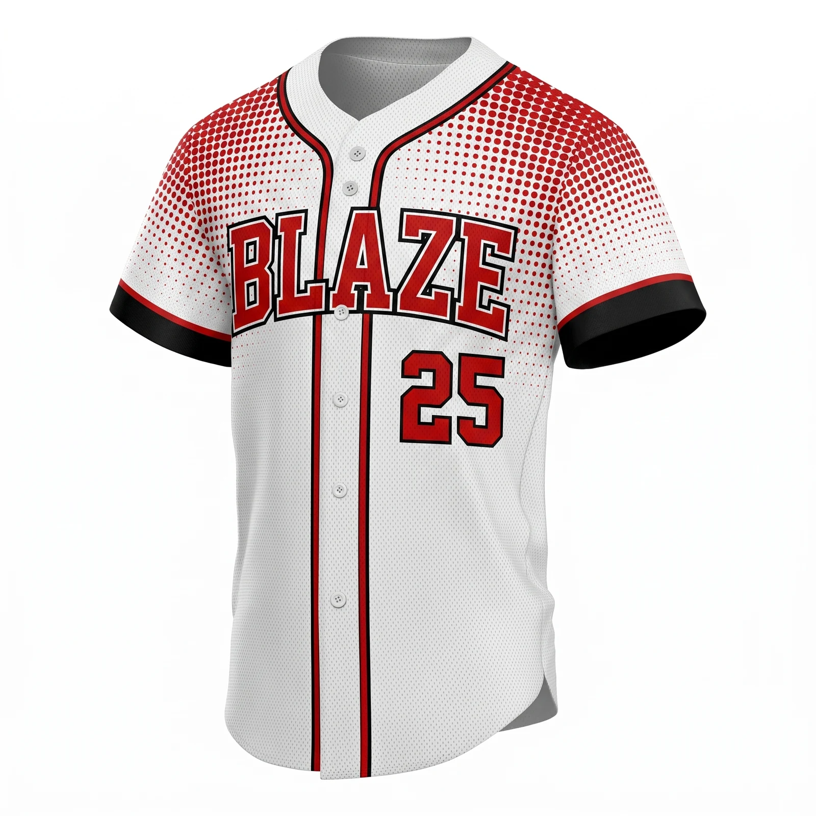 White and Red Halftone Fade Baseball Jersey, custom full-button baseball jersey design by Capra Sports
