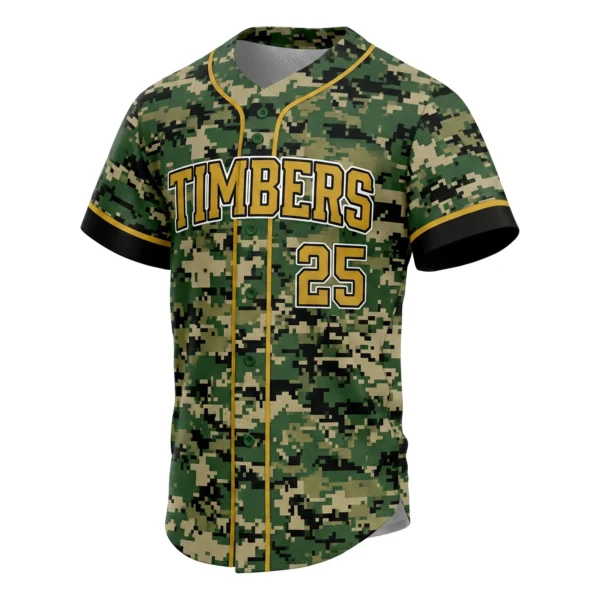 Woodland Digital Camo Baseball Jersey, custom full-button baseball jersey design by Capra Sports